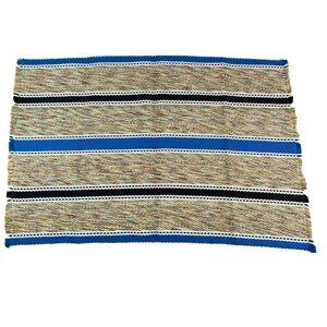 Hand Woven Throw Rug 36x24 Blue Black Stripe Chindi Rag‎ Reversible Fringe